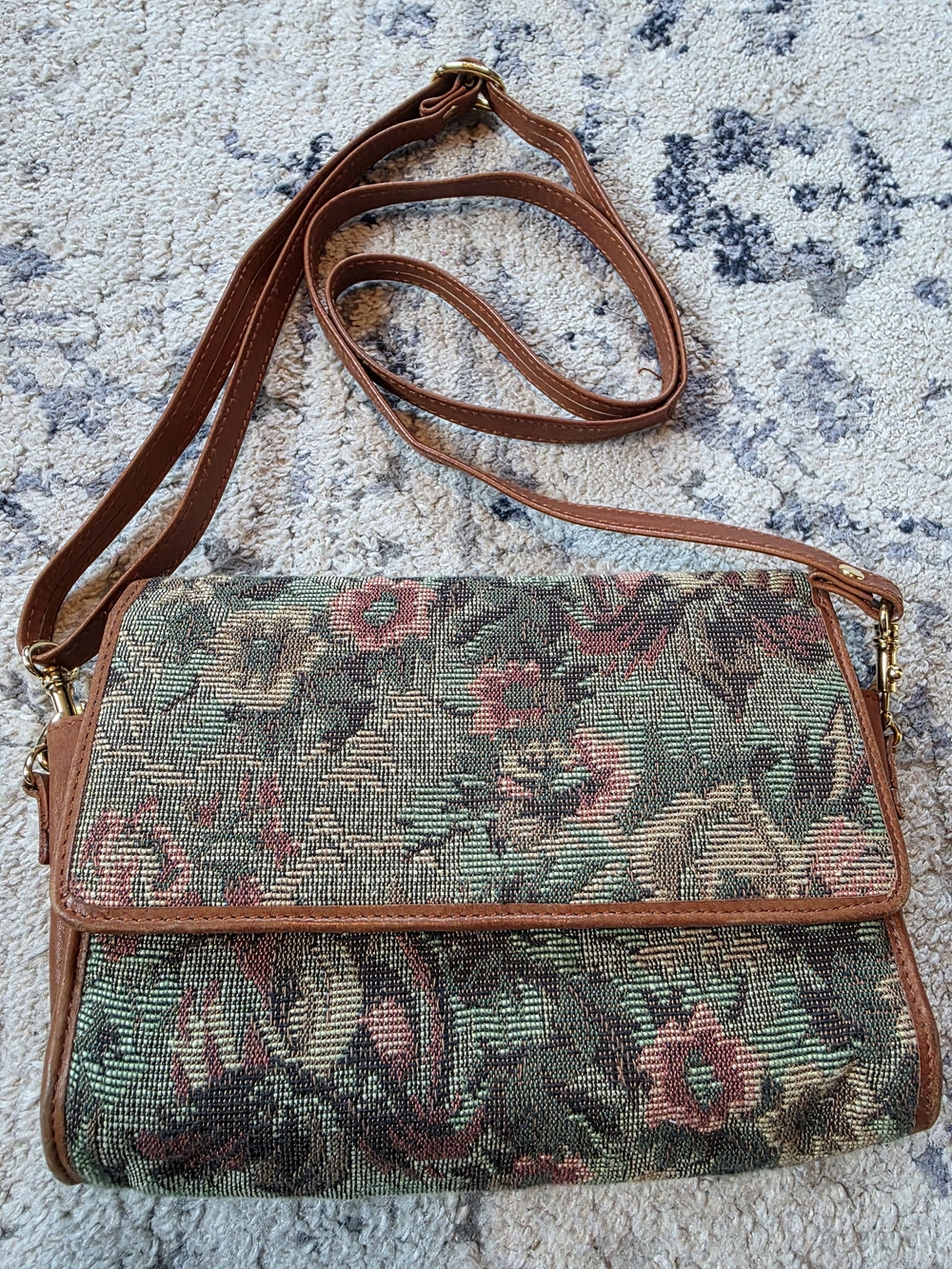 Rolfs Cowhide Leather Trim Floral Tapestry Crossbody